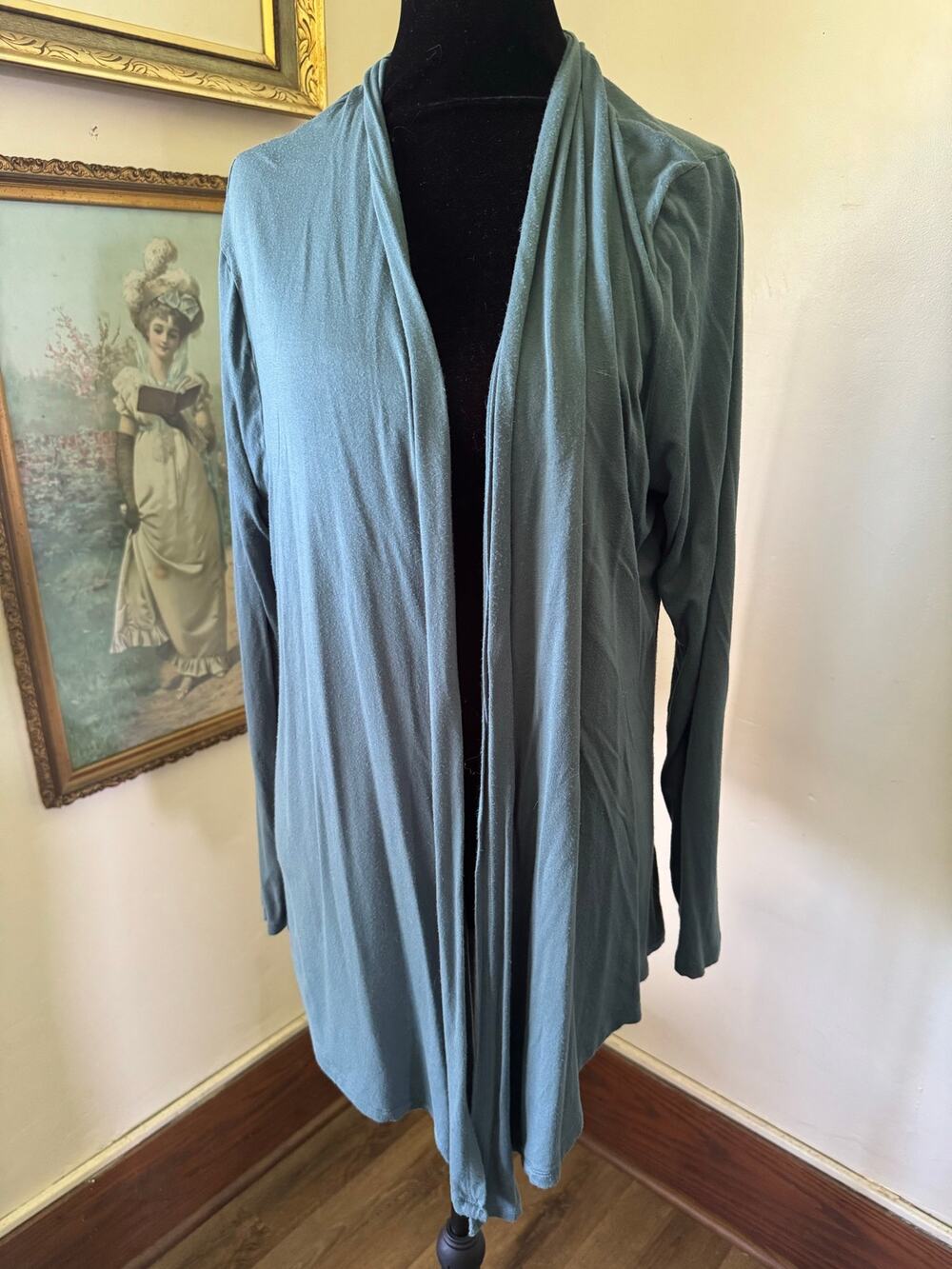 Teal Waterfall Draped Open Front Long Sleeve Cardigan Size L